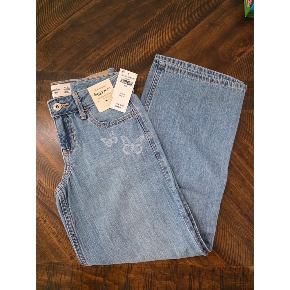 Abercrombie Kids Low Rise Baggy Jeans Light Wash Butterfly Print Size 9/10 NWT